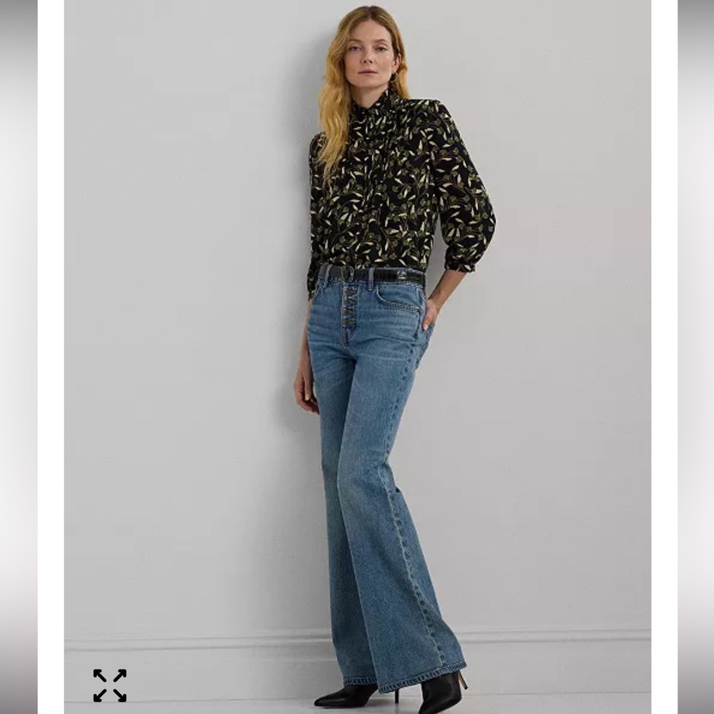 Ralph Lauren Gorgette Blouson-Sleeve Ginko Leaf Print Blouse - Picture 4 of 12